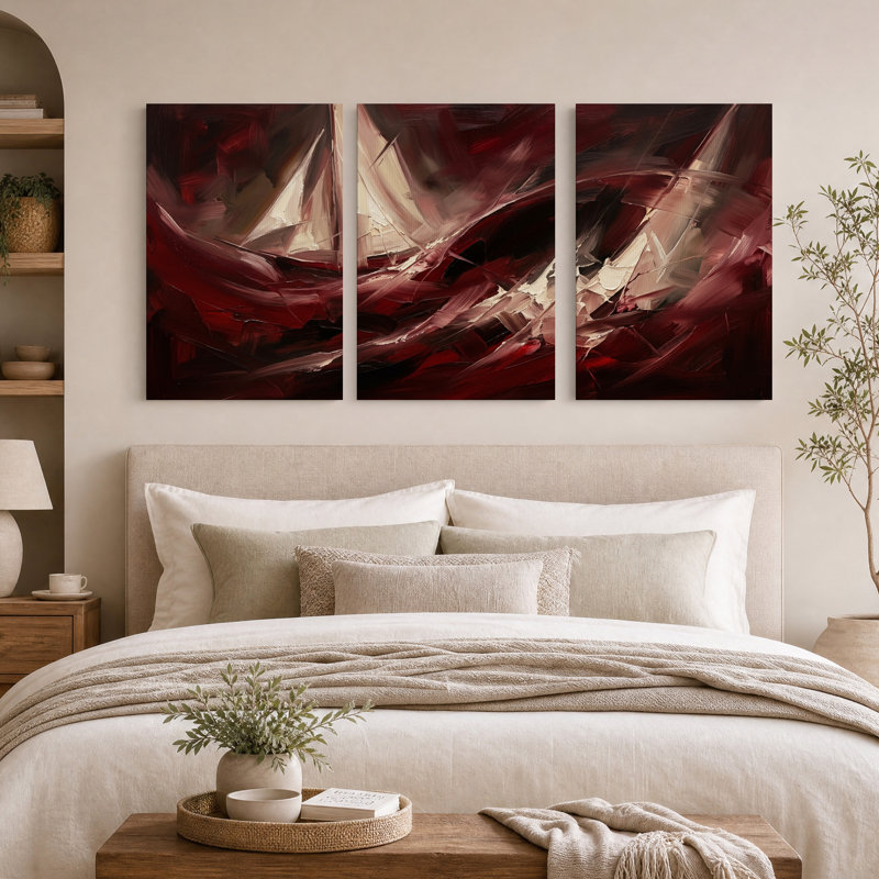 Ensemble de 3 toiles murales abstraites à coups de pinceau rouge foncé et crème, H 18 po x l 12 po x 3 pièces