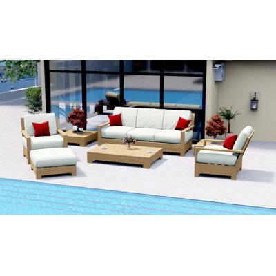 Ensemble de canapé en bois de teck 7 pièces Teakstation: canapé, 2 chaises longues, repose-pieds, table basse et 2 tables d'appoint avec coussins en tissu extérieur Sunbrella # 5404