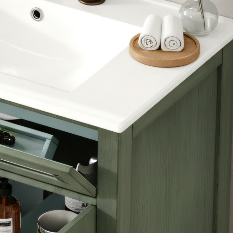 Ensemble de meuble-lavabo de 30 pouces rétro vert + bleu, lavabo en céramique, meuble-lavabo en bois massif avec tiroir rabattable, lavabo simple sur pied