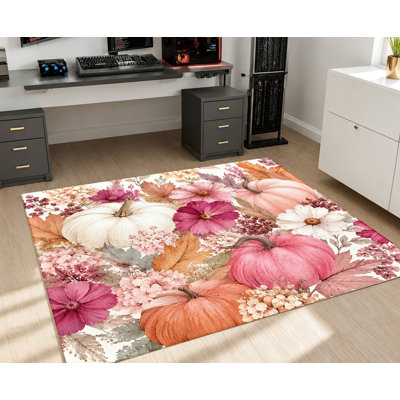 Grand tapis floral citrouille, motif de récolte d'automne, fleurs rose orange et blanches éclatantes, tapis antidérapant, décoration intérieure artistique pour salon, chambre à coucher, salle à manger, cuisine, couloir, appartement
