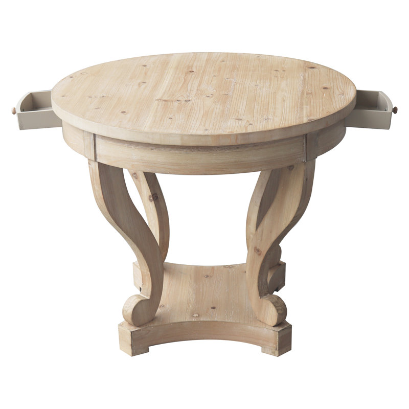 Table d'appoint ronde, style, petite taille, pieds courbés, aspect vieilli, bois naturel, 2 tiroirs de rangement, finition repas de style construction et placage de bois de sapin