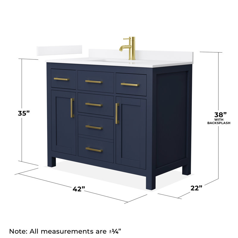 Beckett 42" Freestanding Single Bathroom Vanity with Quartz Top, Brushed Gold, Dark Blue, White Quartz