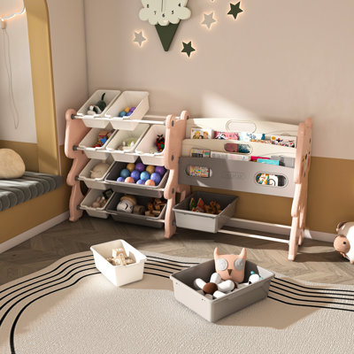 Organisateur rose avec tablette et bibliothèque à 2 niveaux, 12 bacs pour - facile à entretenir, bacs de rangement pratiques et sécuritaires, matériau de bibliothèque, utilisation peu encombrante