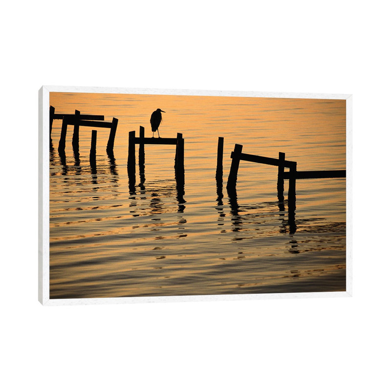 A Silhouetted Heron Perches On The Pilings Of An Old Dock by Joel Sartore - Gallery-Wrapped Canvas Giclée on Canvas