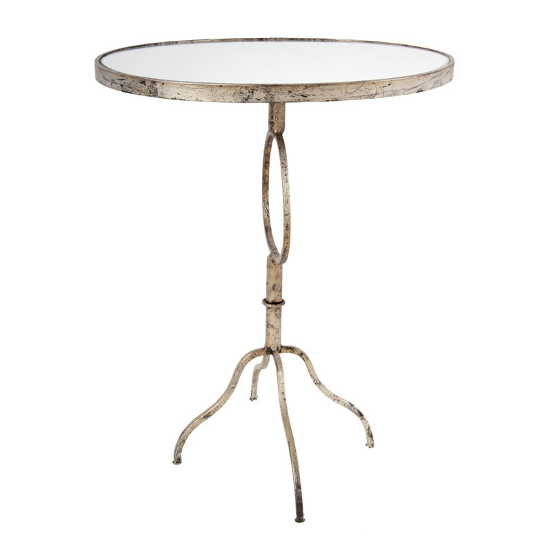 Nova 28 Inch Accent Side Table, Oval Mirror Top, Metal Base, Rustic Gold Finish