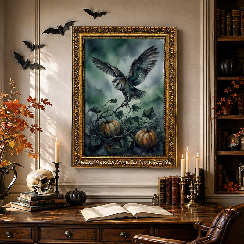 Chouette effraie volant au-dessus de citrouilles et de vignes vertes - Tableau sur toile pour l'Halloween, H 36 po x l 24 po