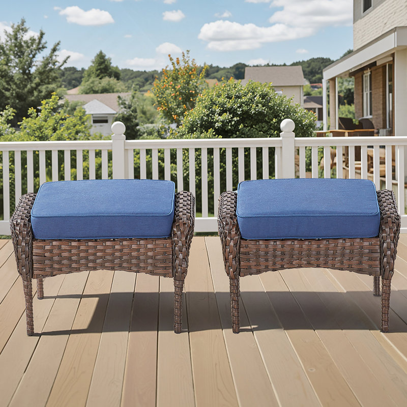 Ensemble de 2 repose-pieds d'extérieur en rotin brun avec coussin bleu pour cour arrière ou terrasse, Bleu, Brun