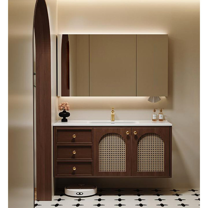 Meuble-lavabo en bois d'hévéa français avec lavabo en céramique