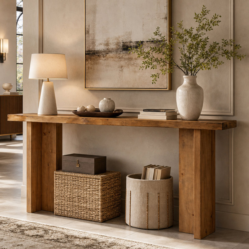Console 63 po en bois massif, canapé long et étroit pour le couloir, entrée