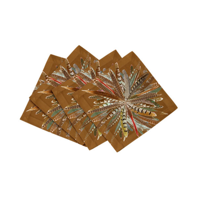 Pheasant Feathers Cotton Sateen Cocktail Napkins, Brown