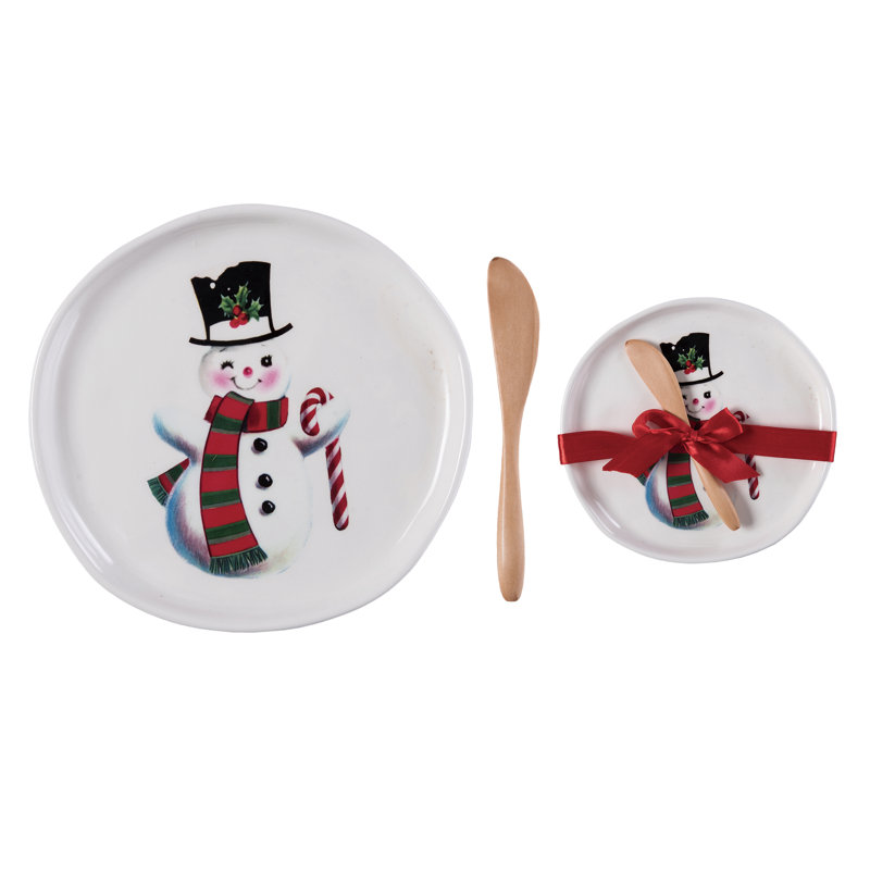 Assiettes plates en céramique blanche à motif bonhomme de neige de Noël (lot de 4)