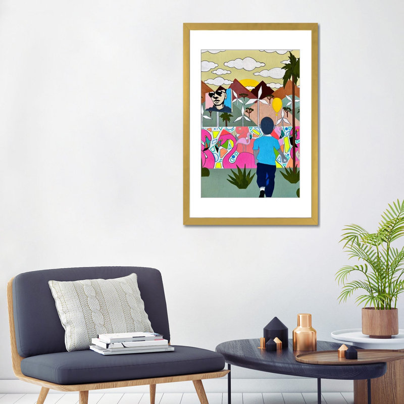 Quelque part sous les palmiers - reproduction d'art murale - papier d'art encadré, 32 po x 24 po, Papier encadré, Doré