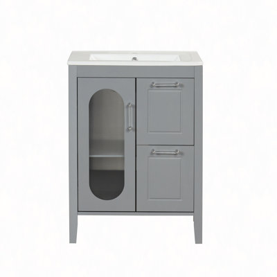 Meuble-lavabo 24 po avec lavabo, meuble-lavabo avec deux tiroirs et porte, tablette réglable, bois massif et panneau de fibres à densité moyenne