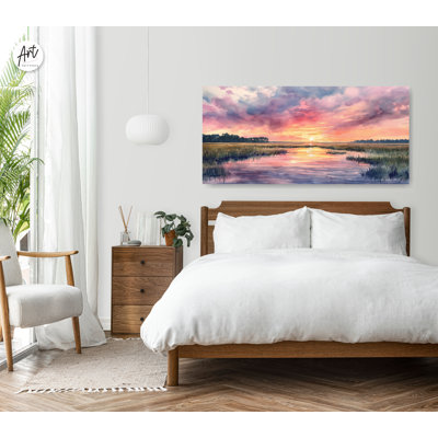Pink Watercolor Marsh Sunset, Landscape Painting, Carolina Lowcountry, Farmhouse Decor