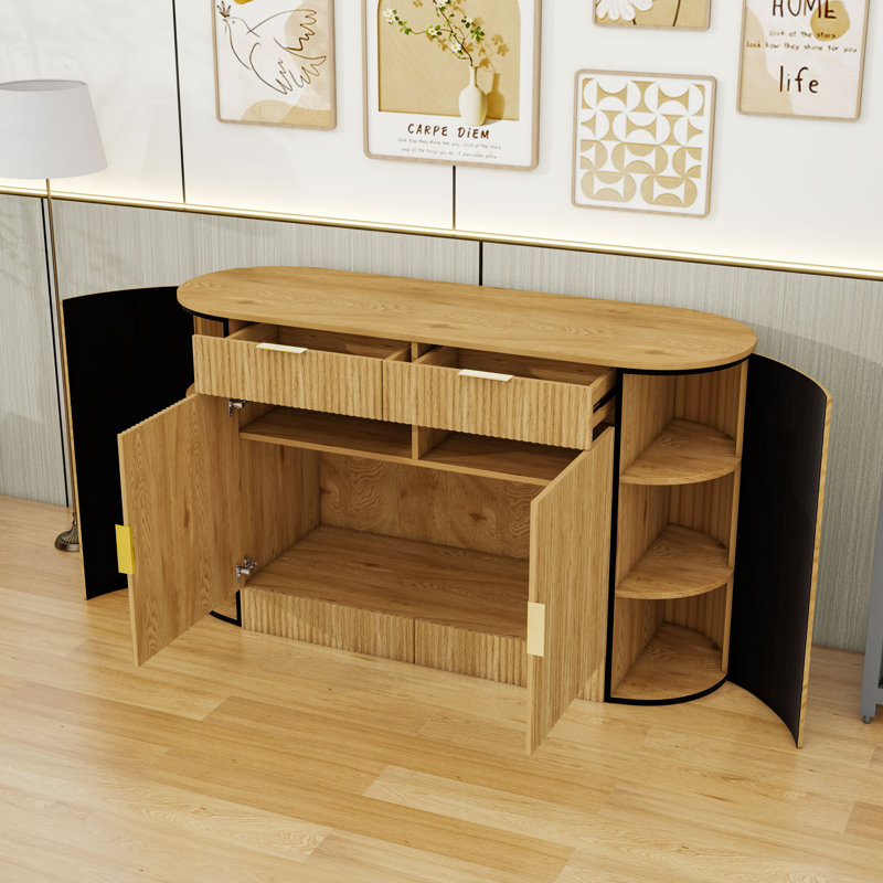 Modern Sideboard with 2 Drawers, Curved Doors, 3-Tier Shelves and Storage Cabinet, Natural