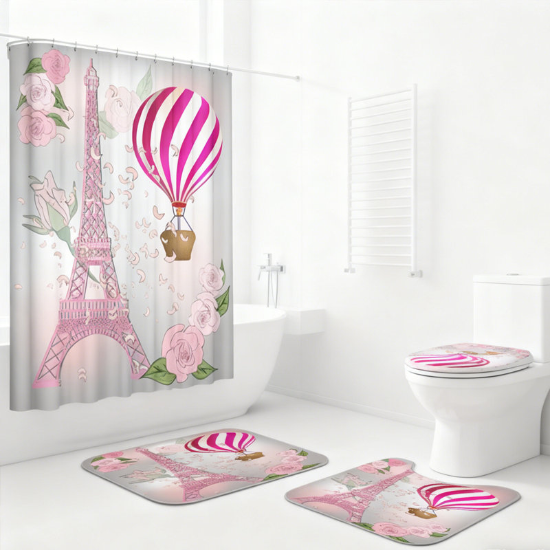 Ensemble de rideau de douche 4 pièces 70,86 po x 70,86 po Tapis de bain antidérapant ensemble de tapis de bain en forme de U Valentine's Day
