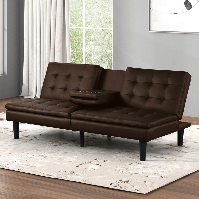 Contemporary Brown Futon , Biscuit - Seat And Back, Converts To Bed, Drop Down Table Chargers For Convenience Futon, Convertible Cushions A C With Cup Holders