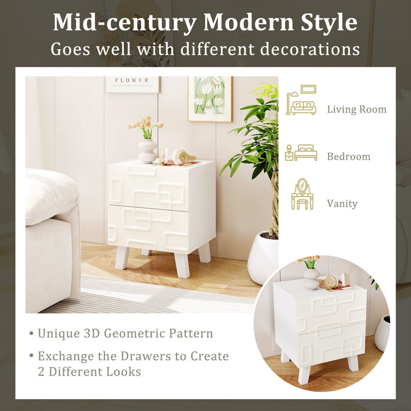 Table de chevet moderne Mid-Century avec 2 tiroirs de rangement à motifs géométriques 3D, Individuel