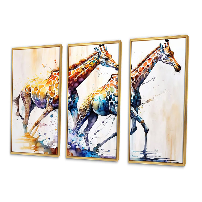 Giraffs qui court - 3 pièces sur toile, H 28 po x l 36 po x P 1 po, Cadre blanc
