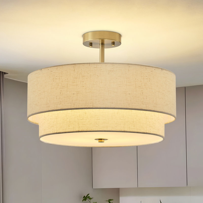 Nichoel Modern Farmhouse 3-Light 2-Tier Linen Blend Drum Semi Flush Mount Ceiling Light