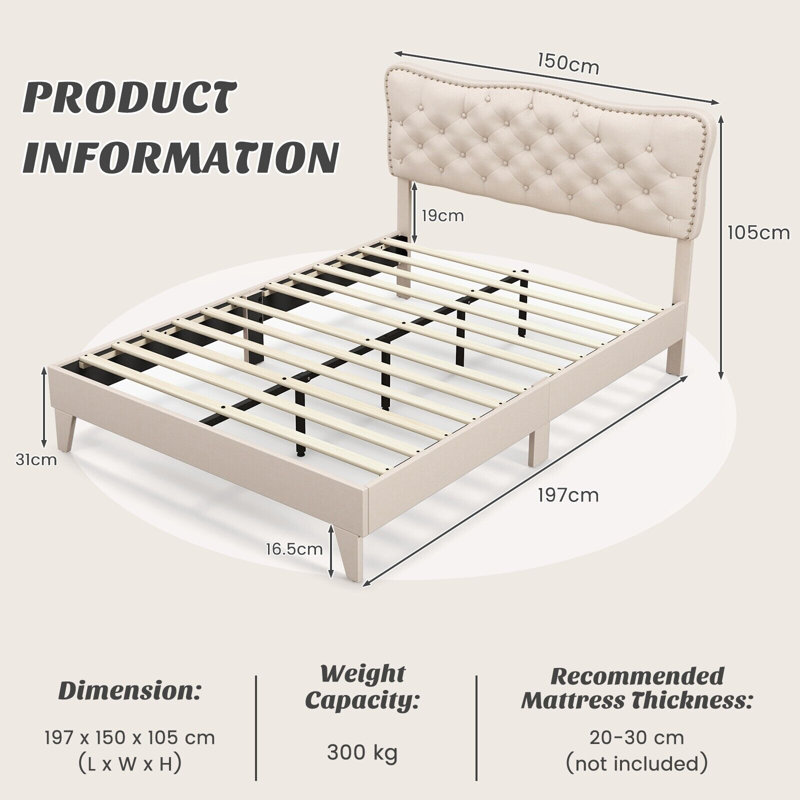 Upholstered Bed, European Double (150 x 197 cm)