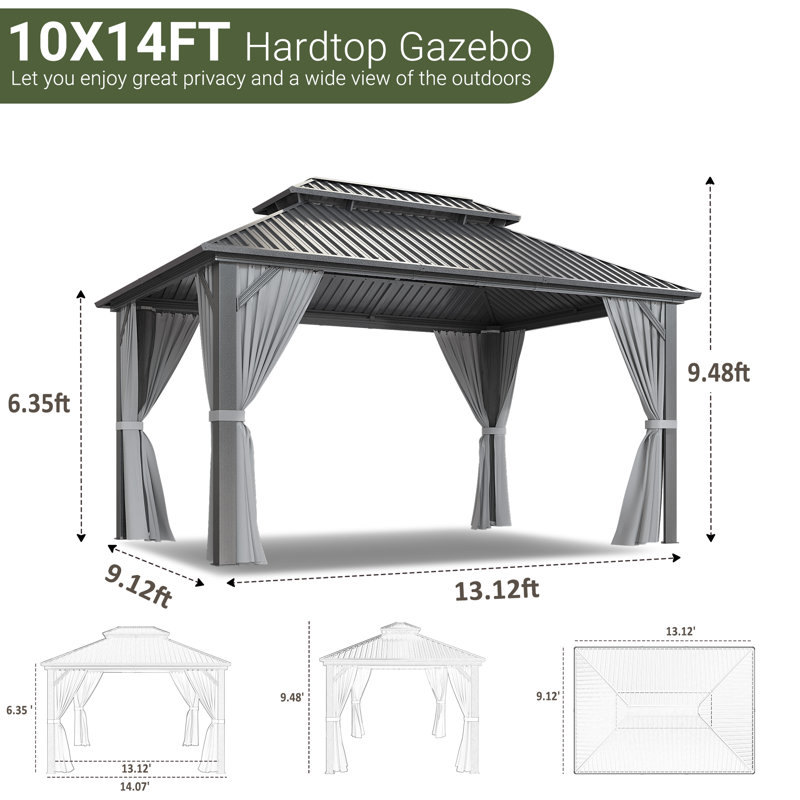 10 ft. x 14 ft. Hardtop Gazebo with Aluminum Frame,Double Roof Gazebo with Nettings and Curtains
