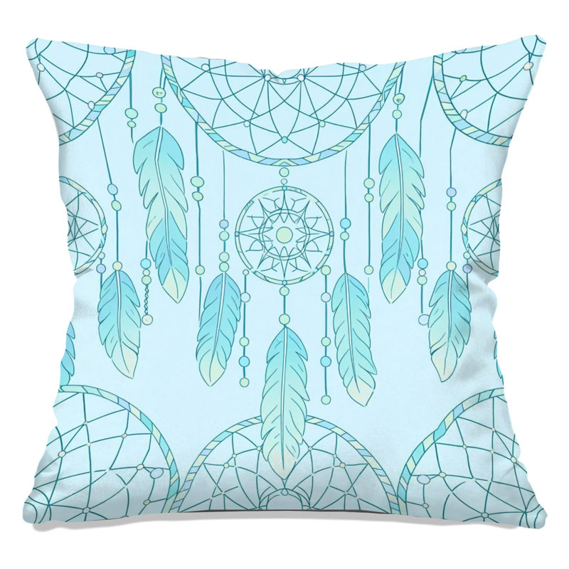 Coussin décoratif double face attrape-rêves à plumes, 16 x 16 pouces, Turquoise clair et menthe