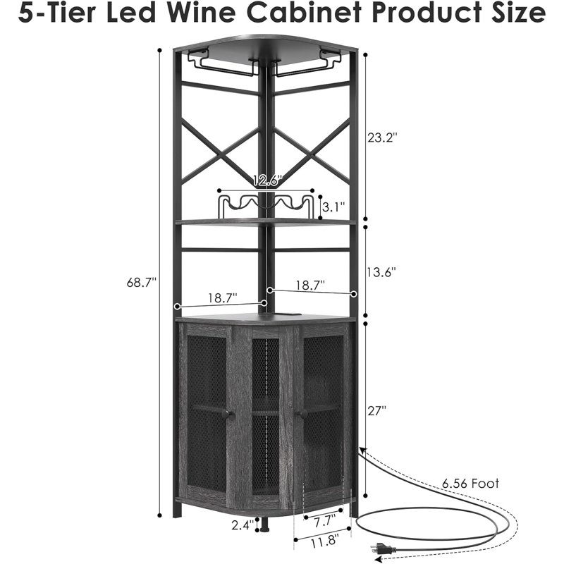 Bar Cabinet w/Wine Rack, Corner Bar Cabinet with Adjustable Shelf, Liquor Cabinet Bar for Home, Gray