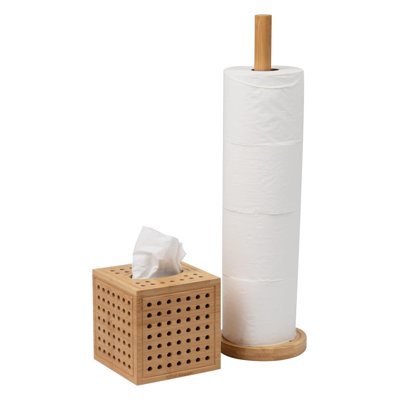 Boîte à mouchoirs et porte-papier hygiénique, décor, rayonne de bambou, ensemble de 2 pièces, brun