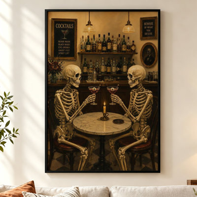 Skeletons at the Bar - Humorous Black Framed Canvas Wall Art 30" H x 20" W