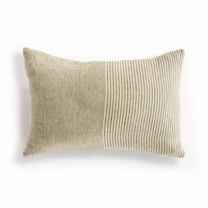 Jules European Flax Fiber Pillow Cover & Insert, Rectangle 14" H x 20" W, Knife Edge, Green/Ivory/Pinstripe