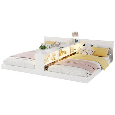 Double Twin Size Bed Frame with Storage,Twin Floor Bed with Light & Charging Station, Convertible 2 Twin Beds for 2 Kids,White (Expect Arrival Date 2026/3/25)