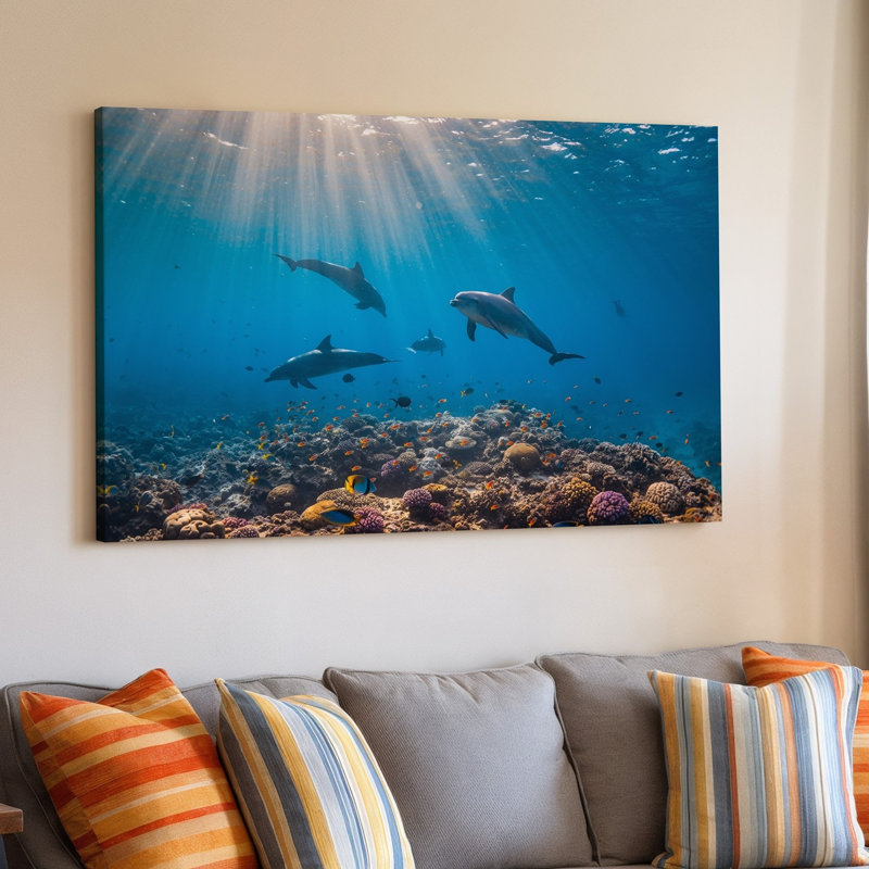 Toile, une scène sous-marine vibrante avec des dauphins ludiques nageant gracieusement à travers un art de l'océan