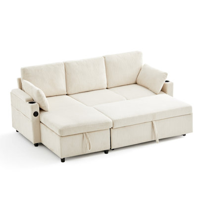 Corduroy Corner Sofa,3 Seater L Shaped Sofa Bed With Storage, Chaise Pull Out Sleeper Couch With USB Ports For Living Room