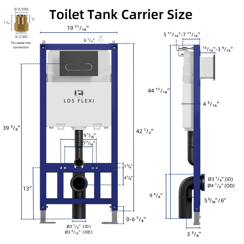 Los Flexi Compact Wall Mount Toilet, Concealed Tank & Carrier System, Flush Plate Included