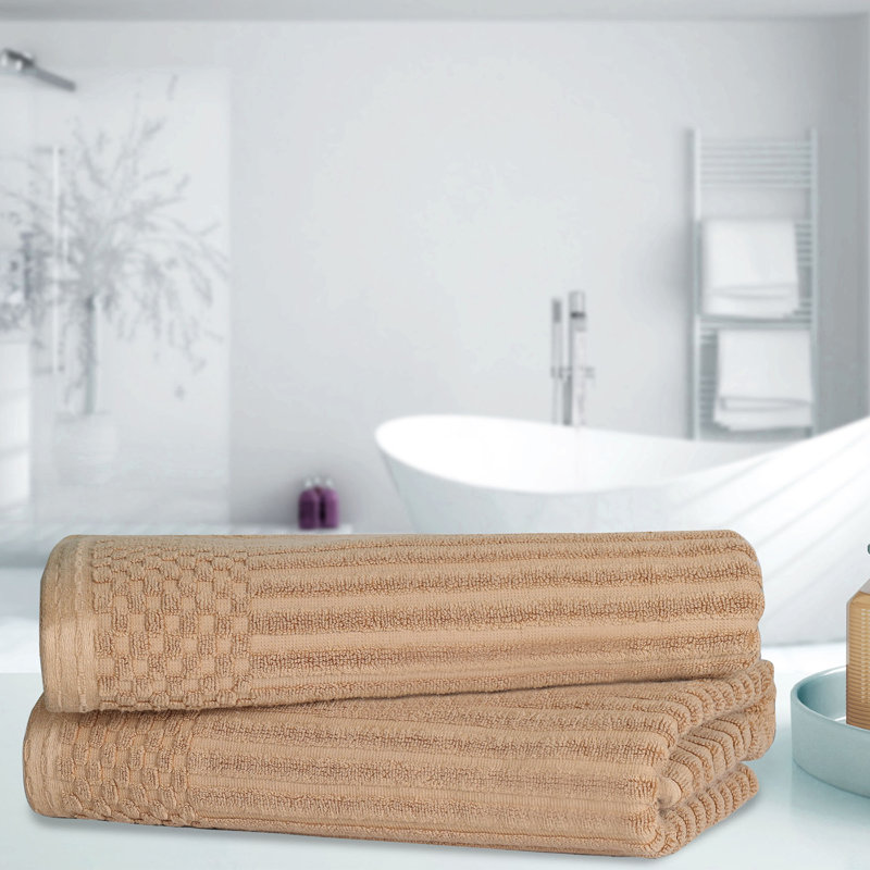 Yaholo Cotton Highly Absorbent Solid and Checkered Border Bath Towels, Coffee