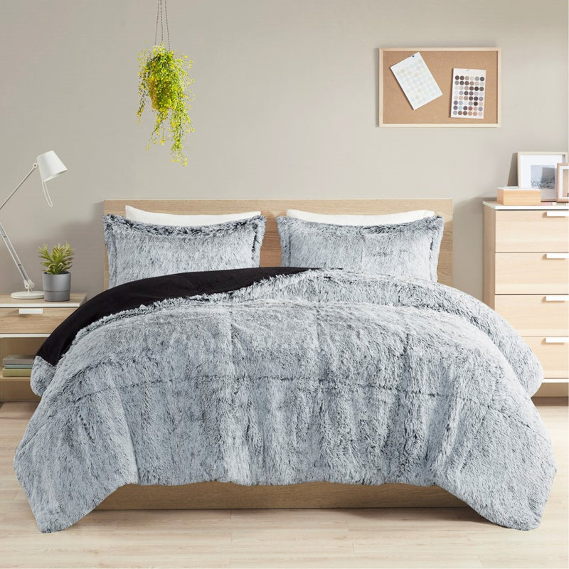 L'édredon simple / simple TG avec texture de fourrure longue à poils longs gris, chaud, comprend et 2 taies décoratives, améliorent votre expérience de sommeil pour éviter les pertes de poils excessives