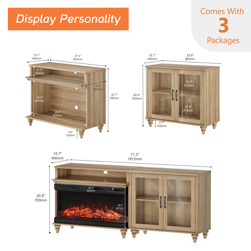 TV Stand With 36" Electric Fireplace For 75 Inch TV, 2-In-1 TV Console Table For 55/65/75 Inch TV, Entertainment Center With Glass Door, Oak