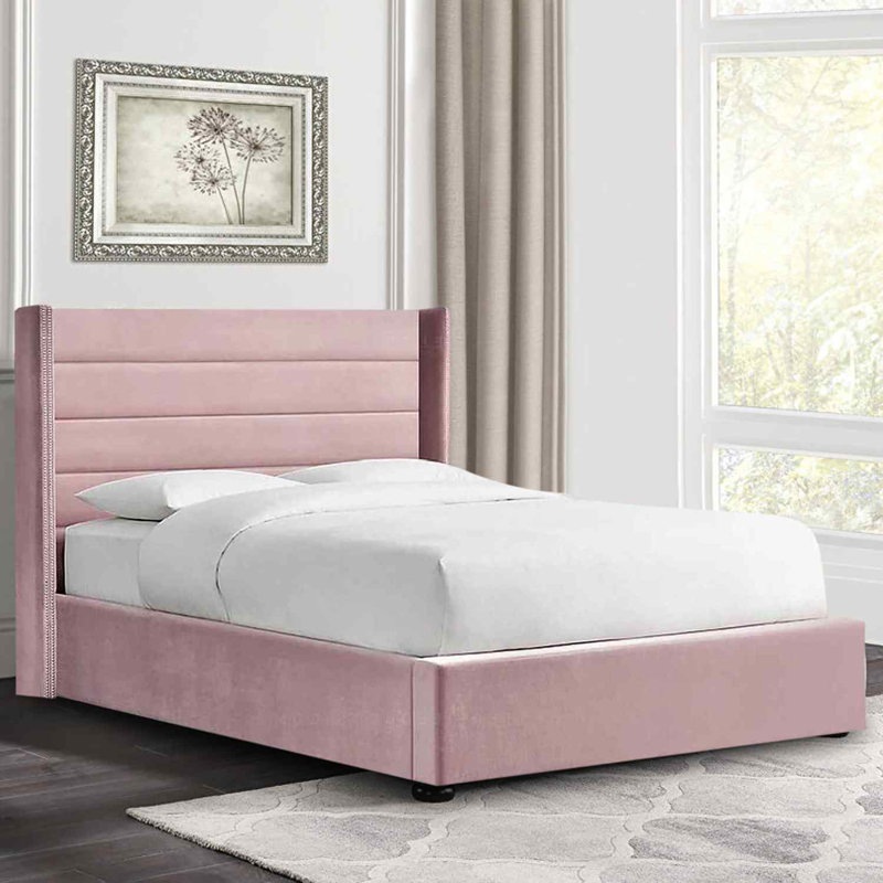 Upholstered Velvet Bed, Double (4'6), Pink