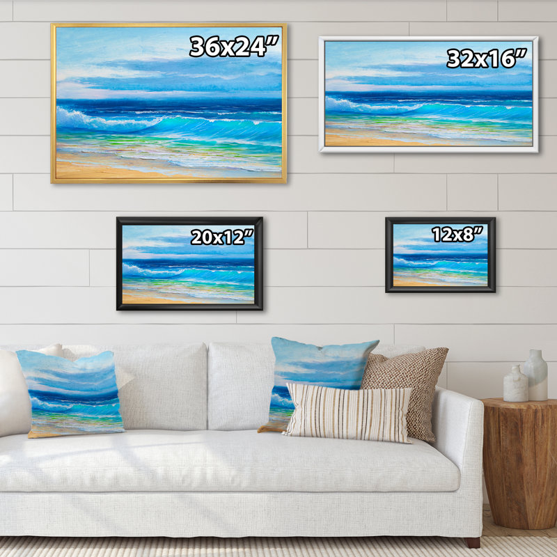 «Beautiful Blue Ocean Sunset And Waves», reproduction sur toile flottante, H 24 po x l 36 po x P 1 po, Cadre flottant noir