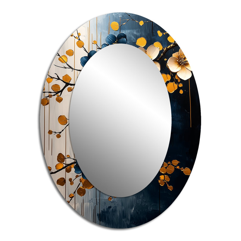 Gold Blue Tones Cherry Blossom Branch III - Blue Oval Wall Mirror Decor, 40" x 30"