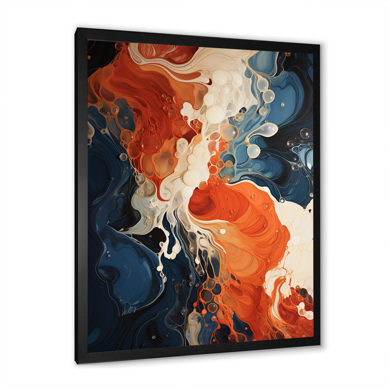 Encre liquide bleue et orange VI - Art mural abstrait, Cadre photo noir, H 32 po x l 16 po x P 1 po