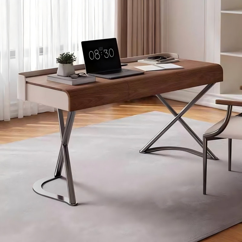 Bureau d'écriture rectangulaire en cuir brun 55,12 po à 3 tiroirs, H 29,13 po x l 55,12 po x P 25,59 po