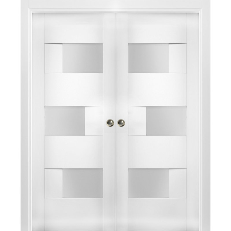 White MDF Sliding French Double Pocket Doors with Opaque Glass