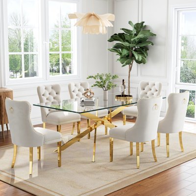 78.7" Rectangle Glass Dining Table Set With Polished Stainless Steel X-Base And Velvet Upholstered Nailhead Trim Dining Chairs