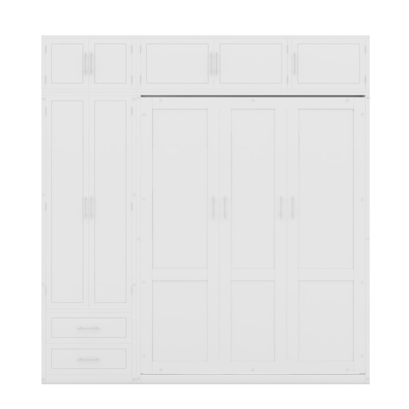 Lit escamotable mural avec armoire supérieure, tablettes et garde-robe, lit pliable peu encombrant, Blanc