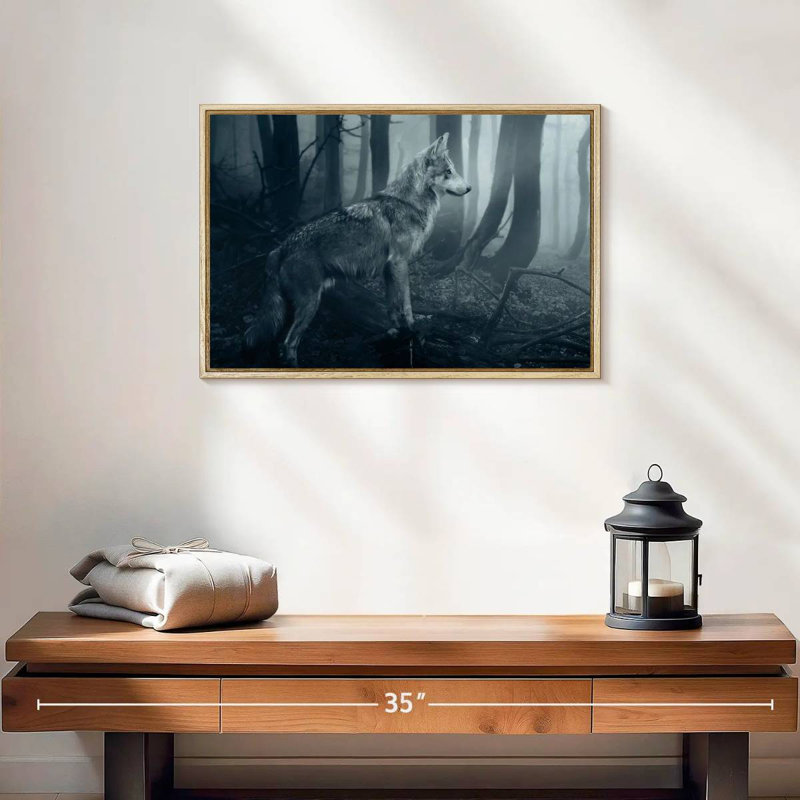 Loup gris, 19 po x 13 po, Cadre flottant en bois naturel