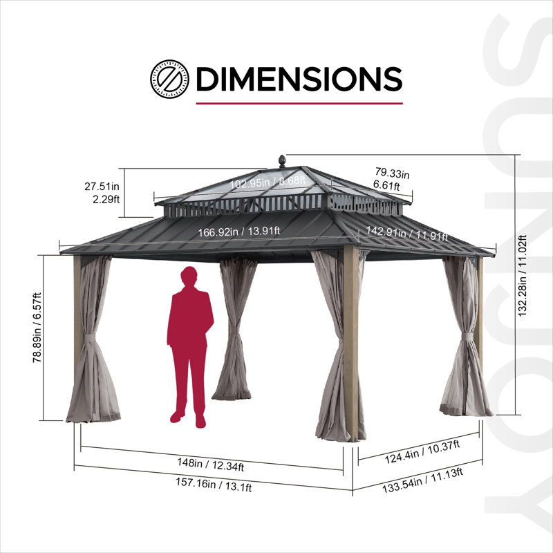SUNJOY Kingston 14x12 Gazebo, Steel & PC Roof Hardtop Gazebo with Curtain and Netting - Cedar Posts, 14x12
