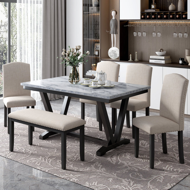 Table de salle à manger de style moderne 6 pièces avec 4 chaises et 1 banc, table avec placages en marbre et pieds en V (blanc)