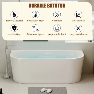 KDK HOME 59” Back to Wall Soaking Tub Luxury White Acrylic Freestanding Bathtubs with Overflow
